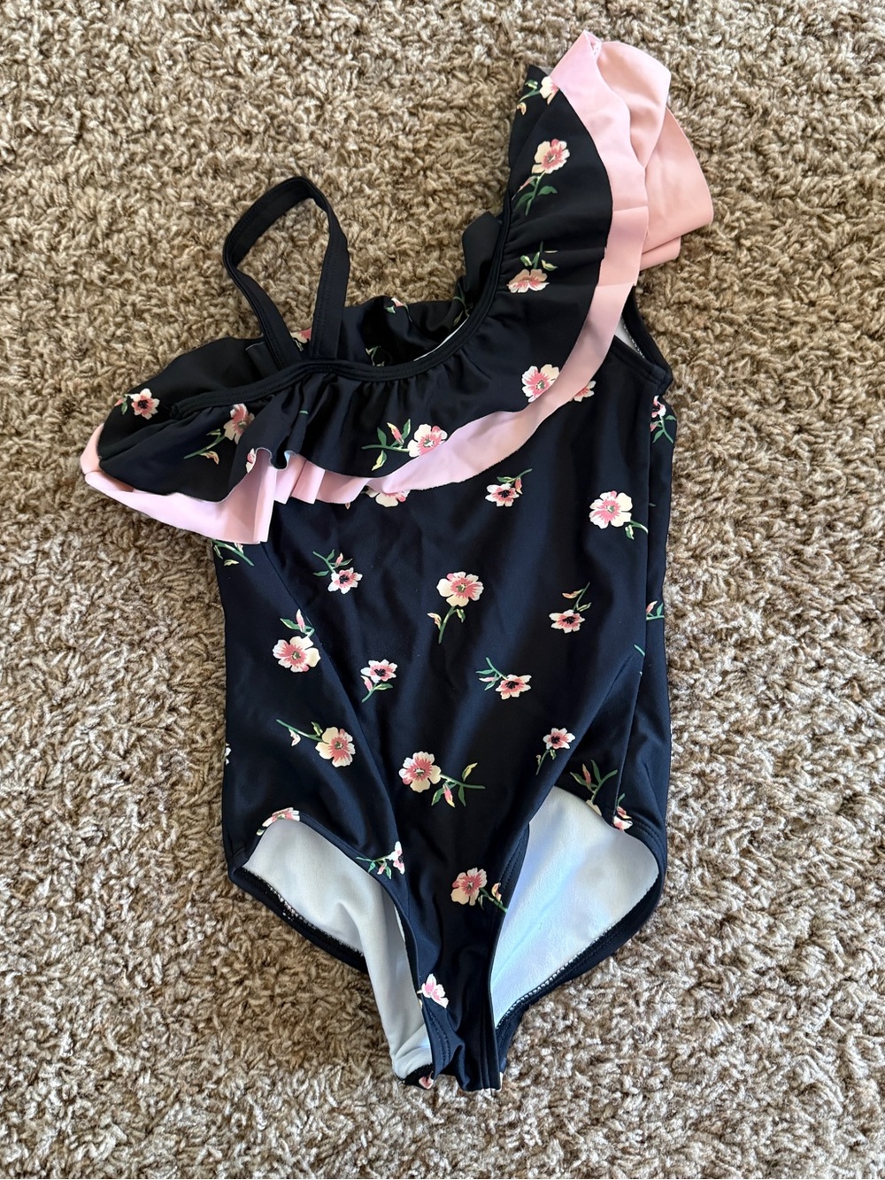 Kamik Black Floral One-Piece Swimsuit with Pink Ruffle